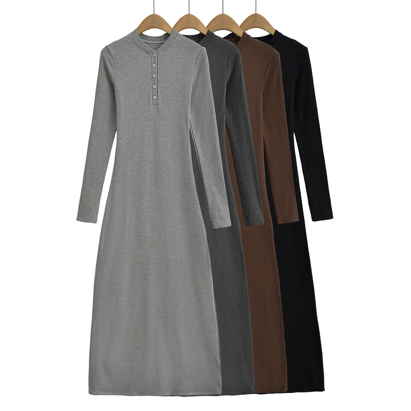 Autumn and winter round neck long sleeve multi-button fleece-lined thick solid color stretch tight bottoming dress super long mop dress