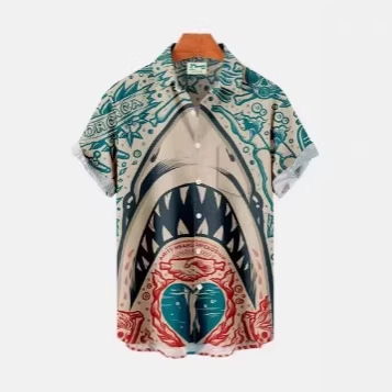 New Men's Hawaiian Shark Shirt T-Shirt 3D Animal Print Clothes Fashion Button up Men's Shirts