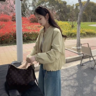 韩系甜美减龄工装立领夹克上衣春夏新款小个子休闲显瘦轻薄短外套