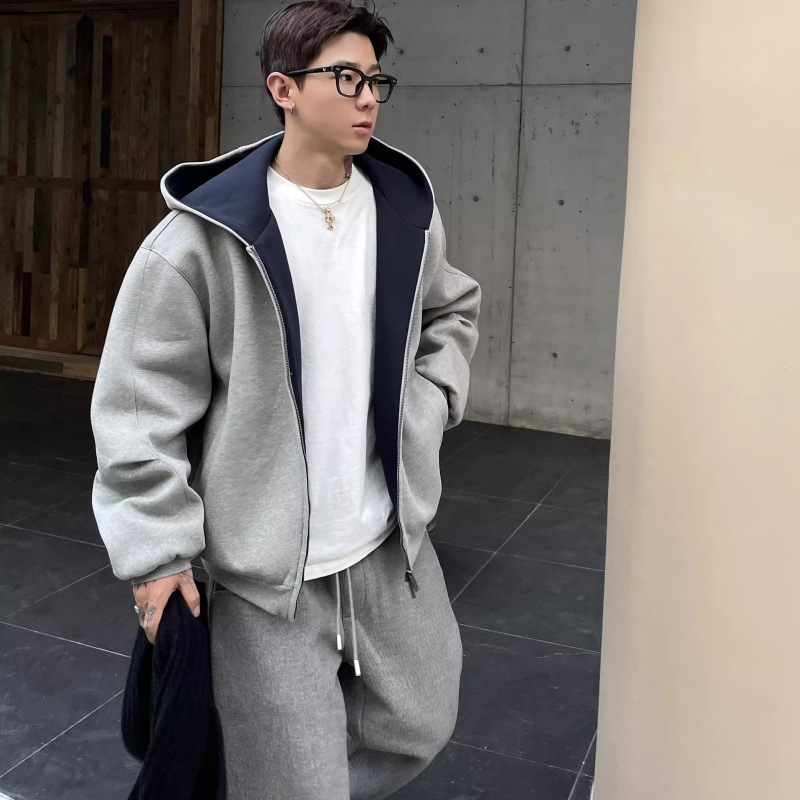 美式重磅双拉链连帽卫衣外套男秋冬痞帅休闲外套加厚撞色情侣开衫