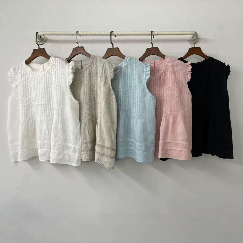 2026 Summer New Style Lace Cuffs Flutter Sleeves Elegant Back Button Round Neck Sleeveless Linen Blouse for Women