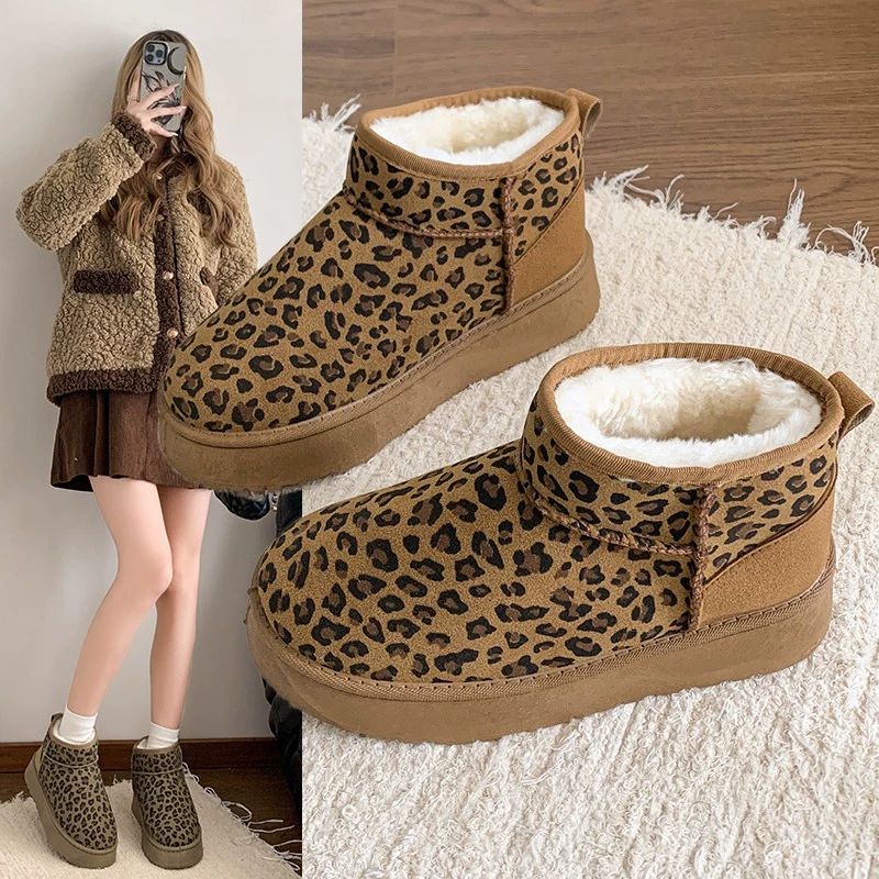 2024 Плюшевое плоское дно с леопардовым принтом зимой