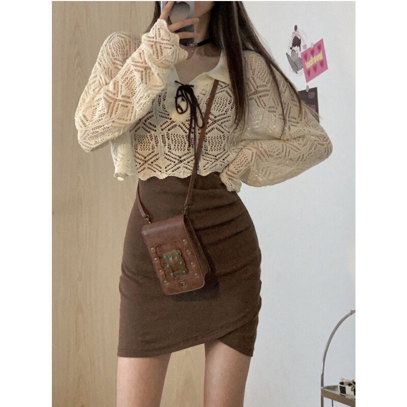 Large Size Women's Clothing Pure Desire Style Hot Girl Suit Women's Hollow Knitted Blouse with Hip Sling Skirt Fried Street Two-piece Set