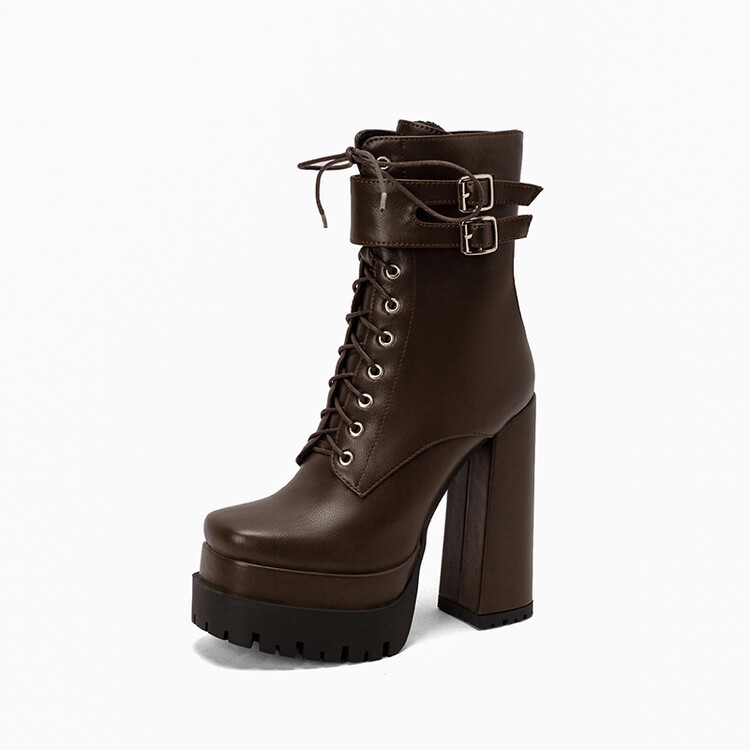 New European and American punk style double water platform square head lace-up short leg women's plus-size fashion boots_voghion.com