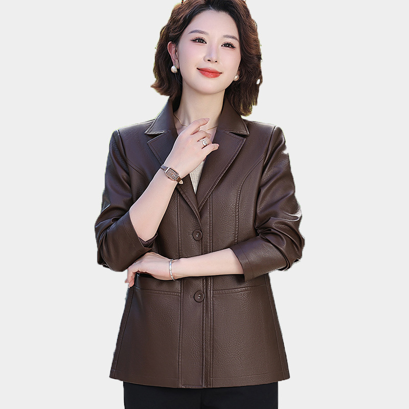 Middle-Aged Women's Spring & Fall New Slim Fit Pu Leather Jacket Women's Fashionable Mother's Fashion Versatile Leather Jacket Suit Jacket