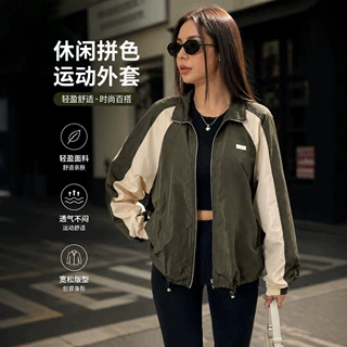 定制跨境女装欧美风撞色拼接拉链外套宽松休闲夹克秋宽松风衣上衣
