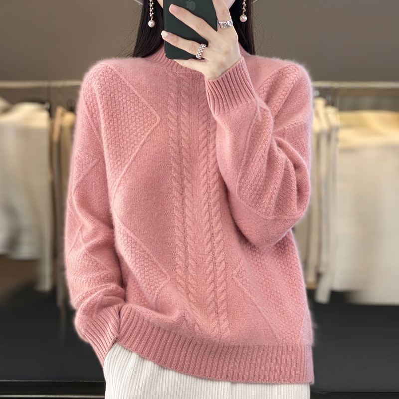 Half-Turtleneck 100% Pure Wool Sweater for Women, Loose Fit, Cable Knit, Long Sleeve, Winter Cashmere Sweater, Fine Wool