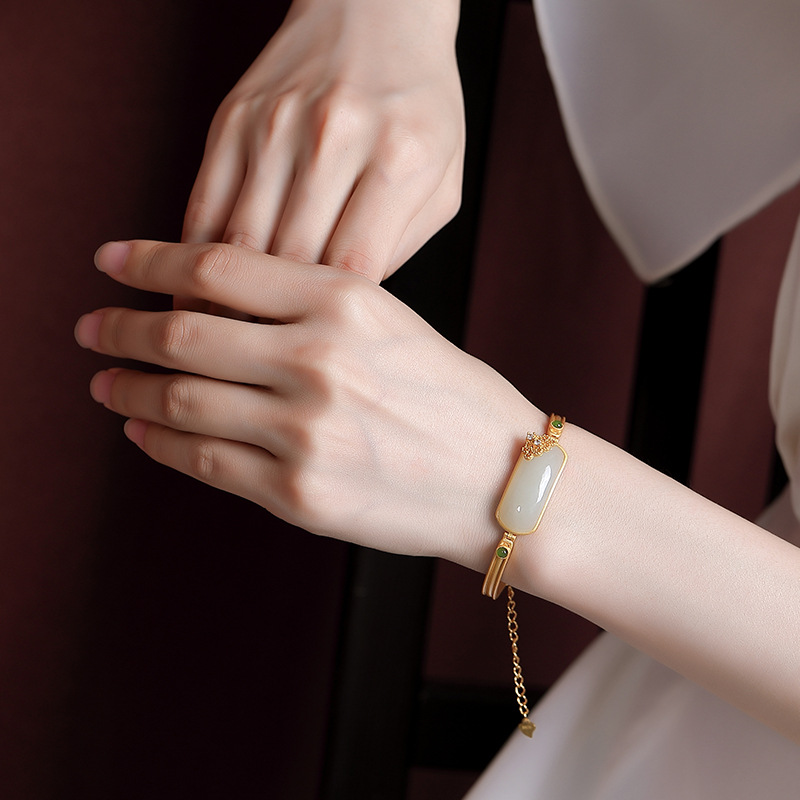 Vòng tay nữ bạc S925 mạ vàng đính ngọc bích jasper phong cách Trung Quốc — Một chiếc