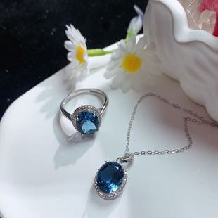 London Blue Topaz Ring Pendant Set Japanese and Korean Simple and Luxurious Color Jewelry Wholesale for Women