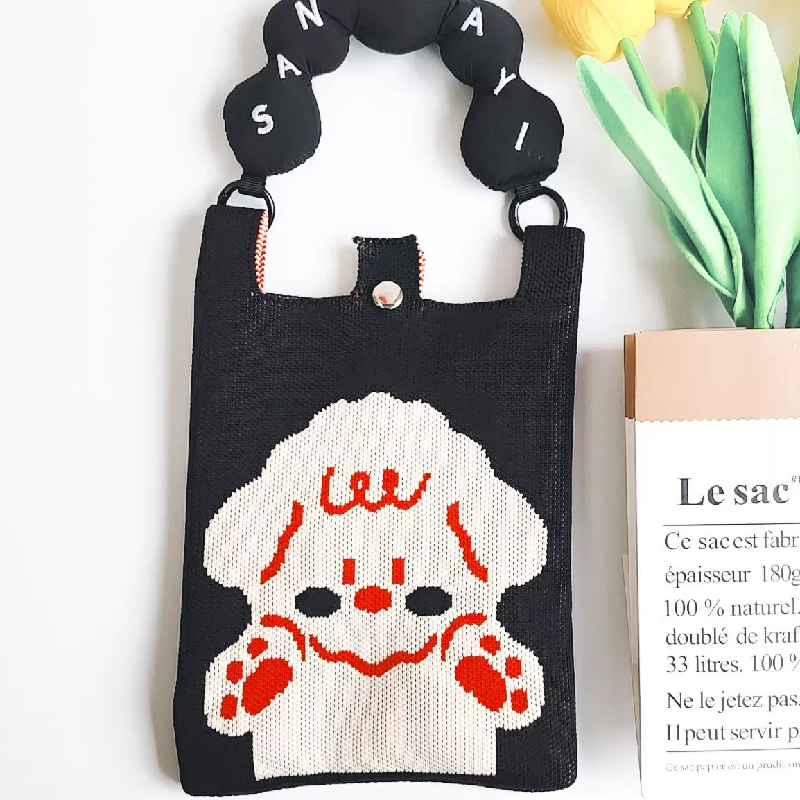 韩国ins单肩斜挎手机包包可爱猫咪针织手提包女2024新款时尚百搭