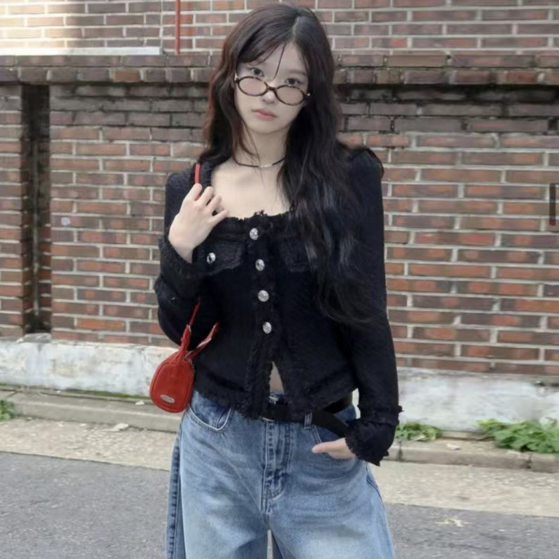 Korean Gentle and Elegant Tweed Short Jacket for Women, French-Style Square Collar, Buttoned, Waist-Cinching, Slimming Top, 2 Colors