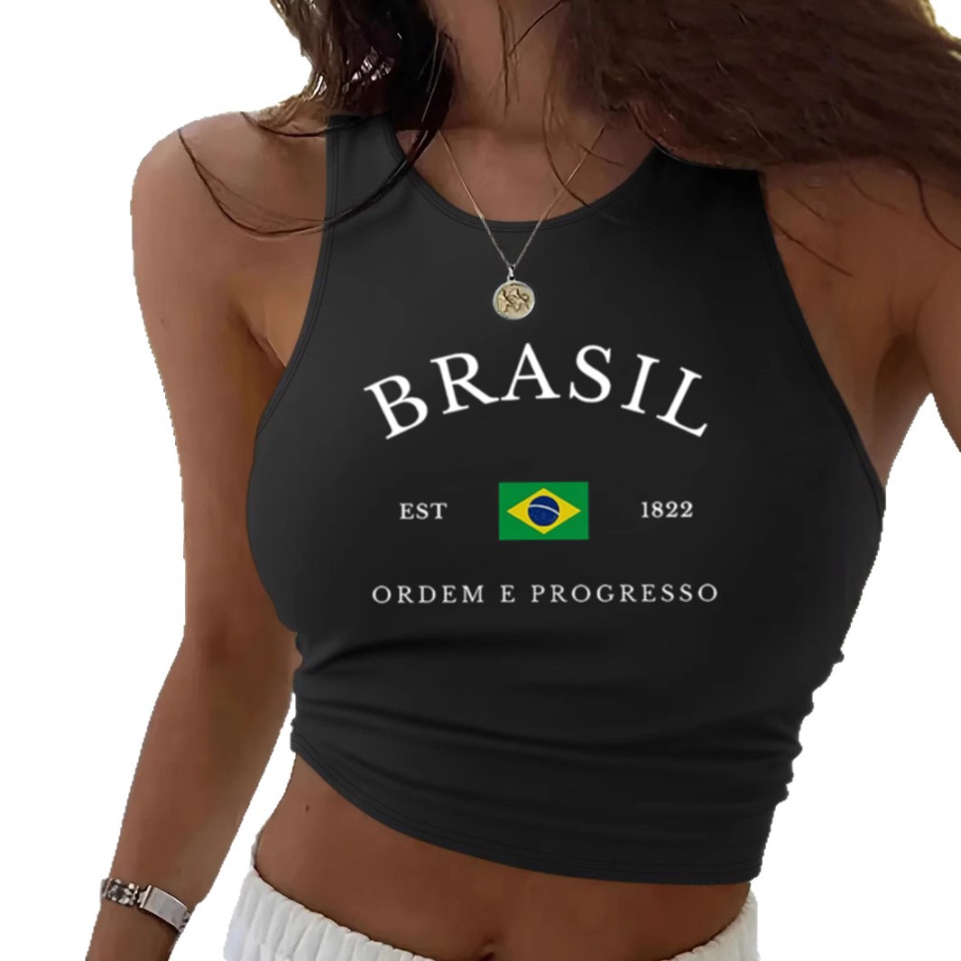 Brazilian Flag Print Crop Top - Stretchy Polyester, Short Sleeve, Bodycon Fit For Women, Summer Casual & Streetwear (Customizable, S/M/L/XL)_ecoleips.com
