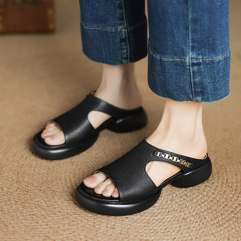 Dép sandal nữ da cừu miệng cá đế dày gót cao nhẹ — đen