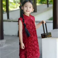 Девушка платье лето 2024 новая красная роза китайский стиль cheongsam юбка маленькая девочка Hanfu принцесса
