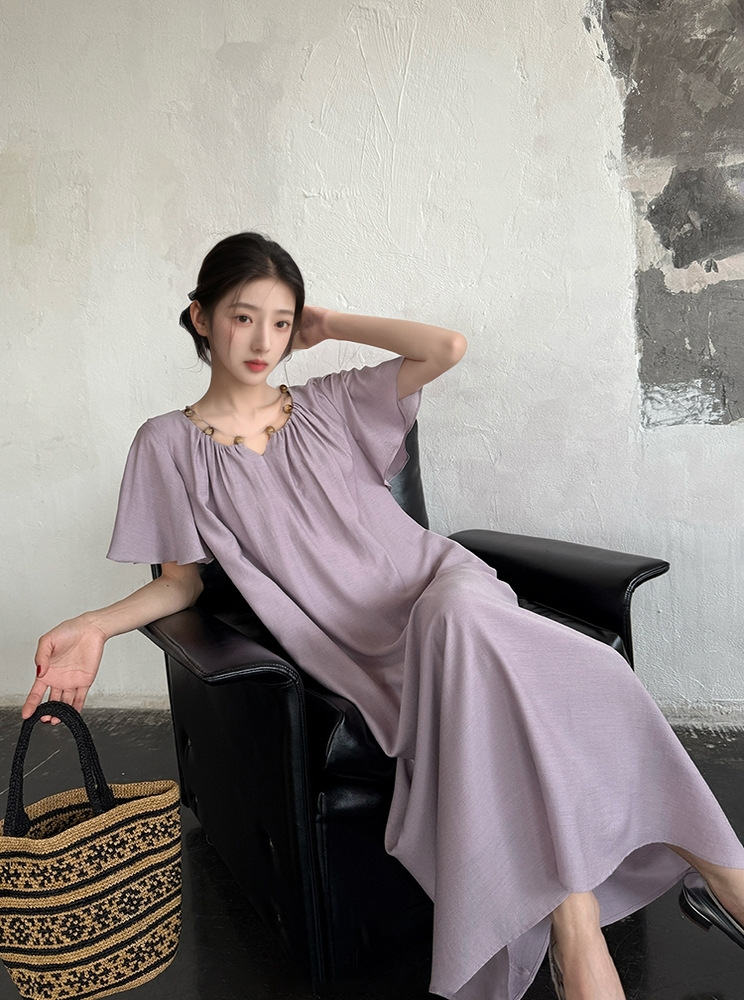 Váy dài Tencel thời trang mùa hè tay bèo phong cách Pháp đơn giản thon gọn — Tím khoai môn
