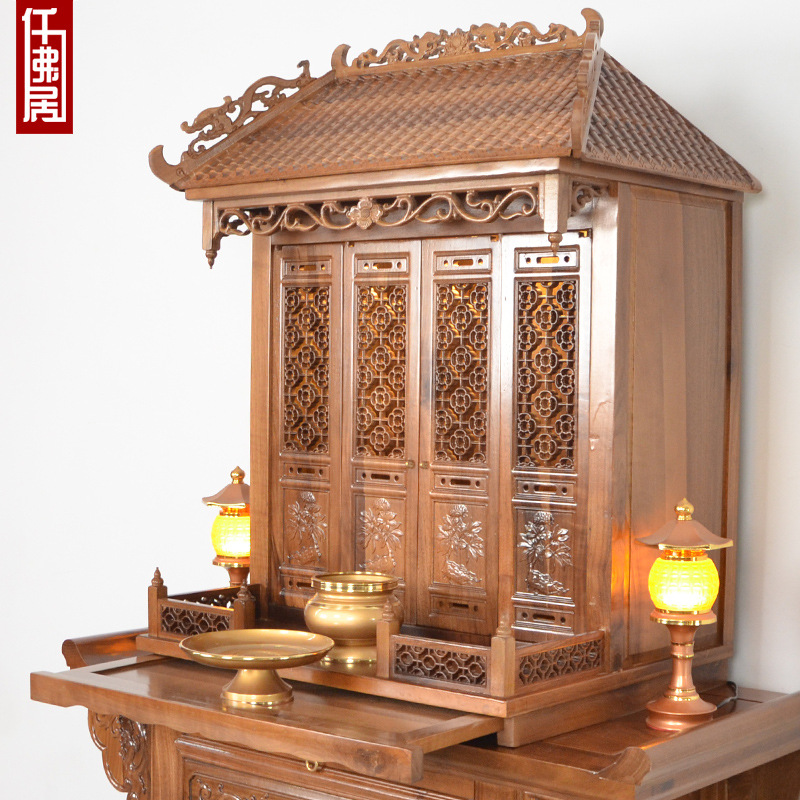 Wall-Mounted Buddhist Altar with Doors, Shrine Cabinet, Incense Table, Buddha Cabinet, Deity Position, Guanyin Buddha Statue, Offering Seat