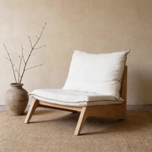 北欧侘寂风实木橡木亚麻现代布艺书房茶室咖啡厅餐椅休闲椅小沙发