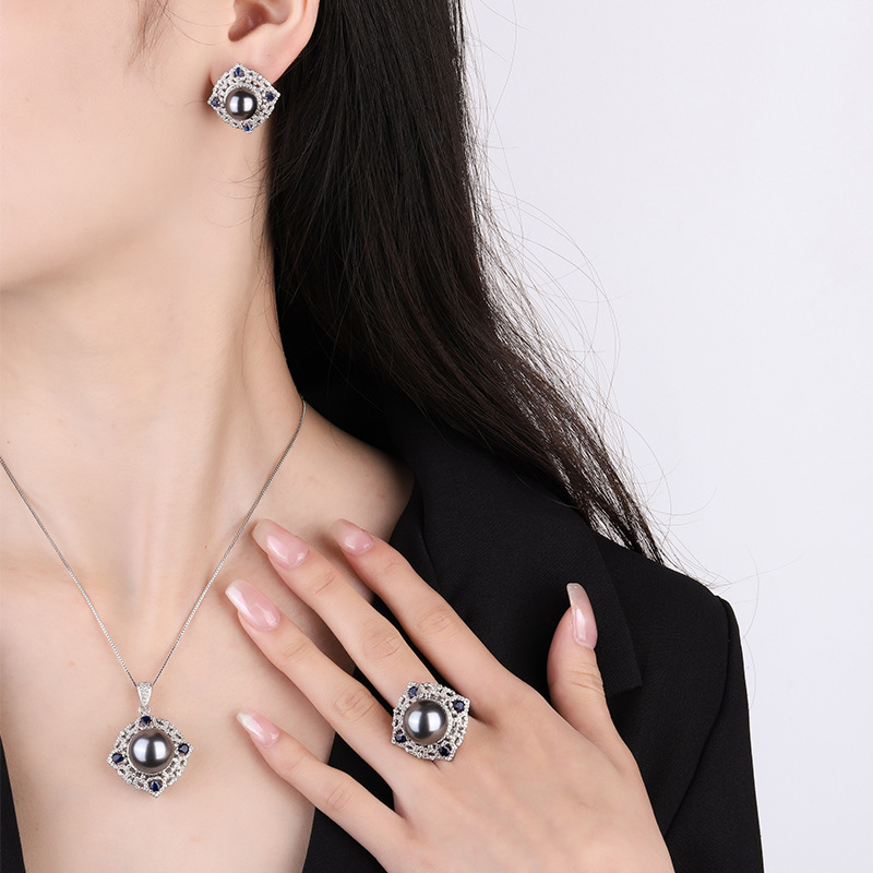 Zhuang Sheng joyas de cobre inferior chapado en oro con incrustaciones de perlas fritillary coreano artificial azul tesoro color diamante incrustado temperamento gris cuentas traje