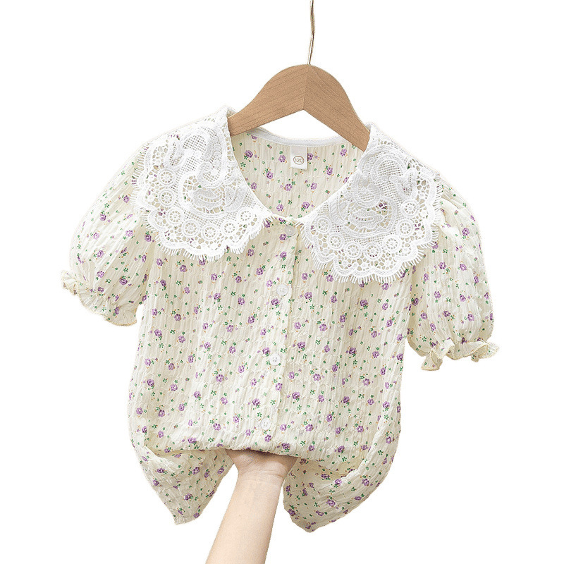 女の子の夏のシャツ 2025 新しい韓国スタイルの女の子の半袖花柄シャツ中型と大型の子供用シフォントップス|undefined