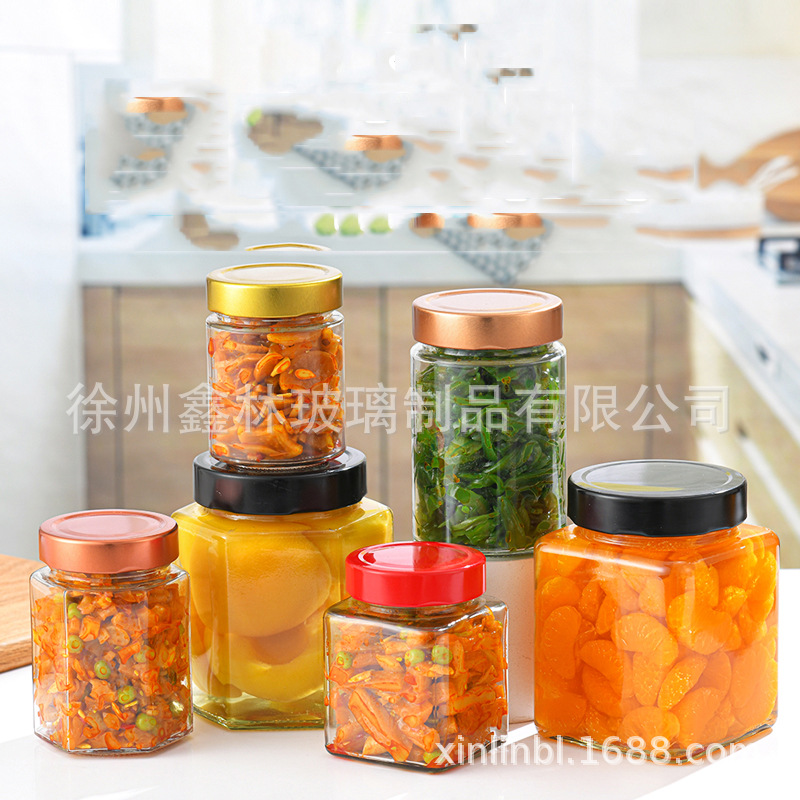 六棱玻璃蜂蜜瓶 透明六角1斤装玻璃罐圆形密封酱菜果酱燕窝瓶高盖