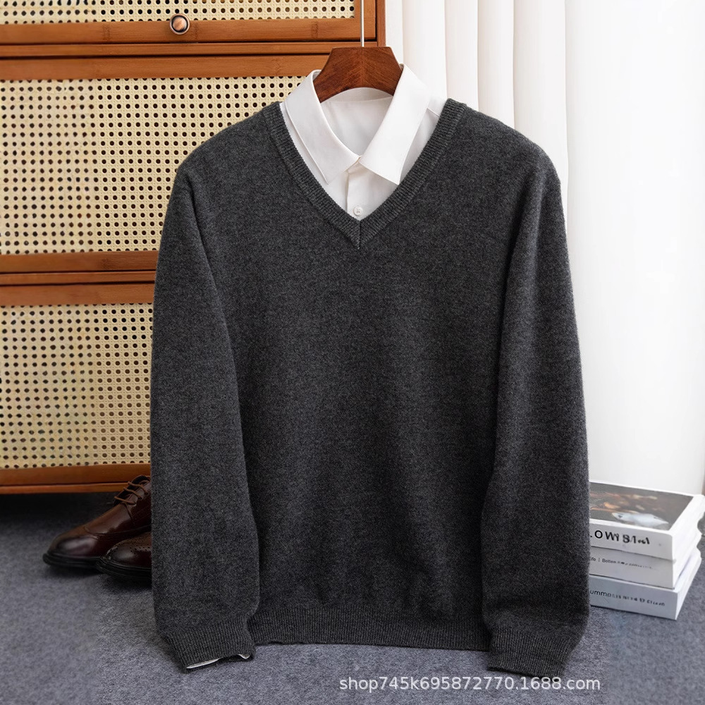 跨境批发男士V领针织套衫100%羊毛衫男秋冬新款保暖套头无缝毛衣