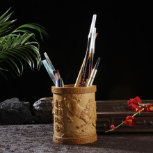 竹制浮雕圆形竹笔筒镂空雕刻办公桌面摆件多功能型竹雕仿古毛笔桶