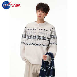 NASA提花亨利领针织衫男2026秋季新款百搭复古休闲宽松套头毛衣