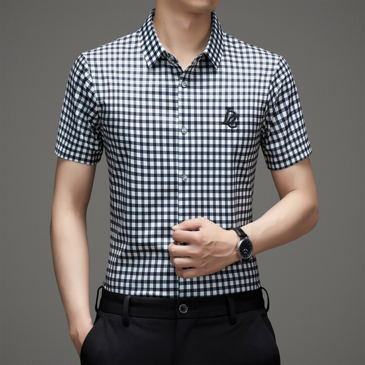 High-End Young Men's New Style Seamless Plaid Rhinestone Shirt with Lapel Short-Sleeved Summer Business Casual Fashion Shirt Trend