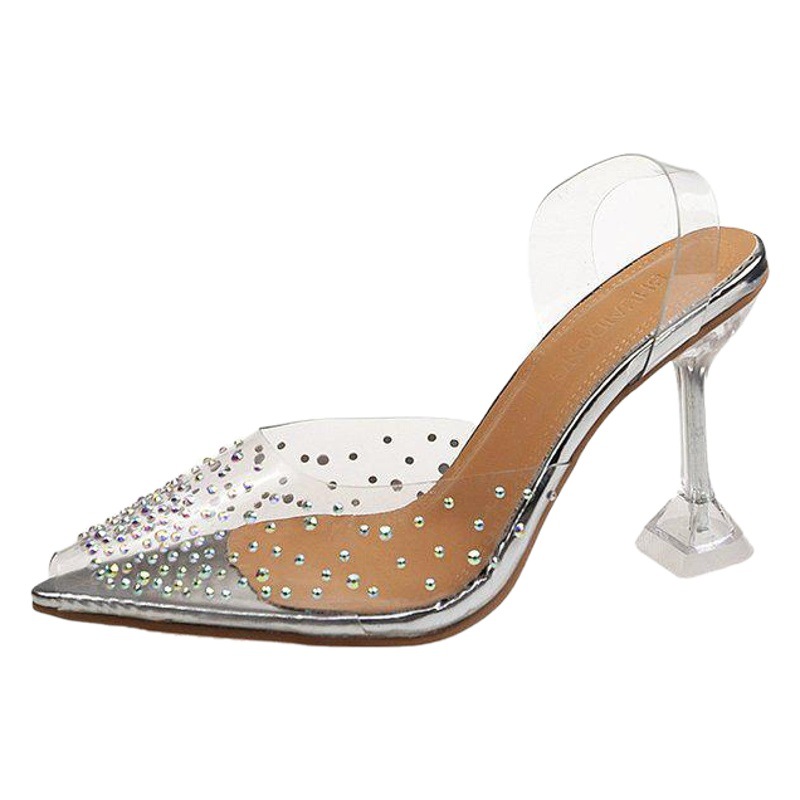 Sandalias de tacón alto para mujer, verano 2026, zapatos de mujer con diamantes de imitación, PVC transparente, punta puntiaguda, transpirables, tacones de aguja sexys