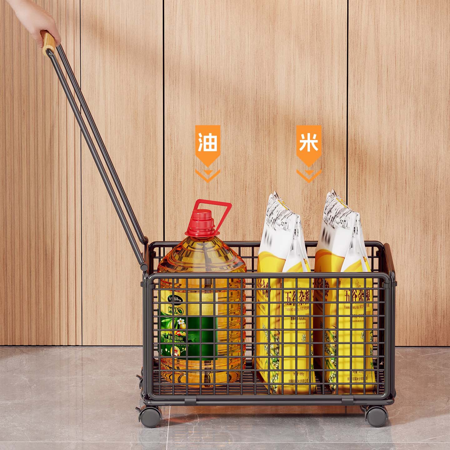 Carrito de Compras Portátil de Hierro y Madera, Móvil, para Comprar Verduras