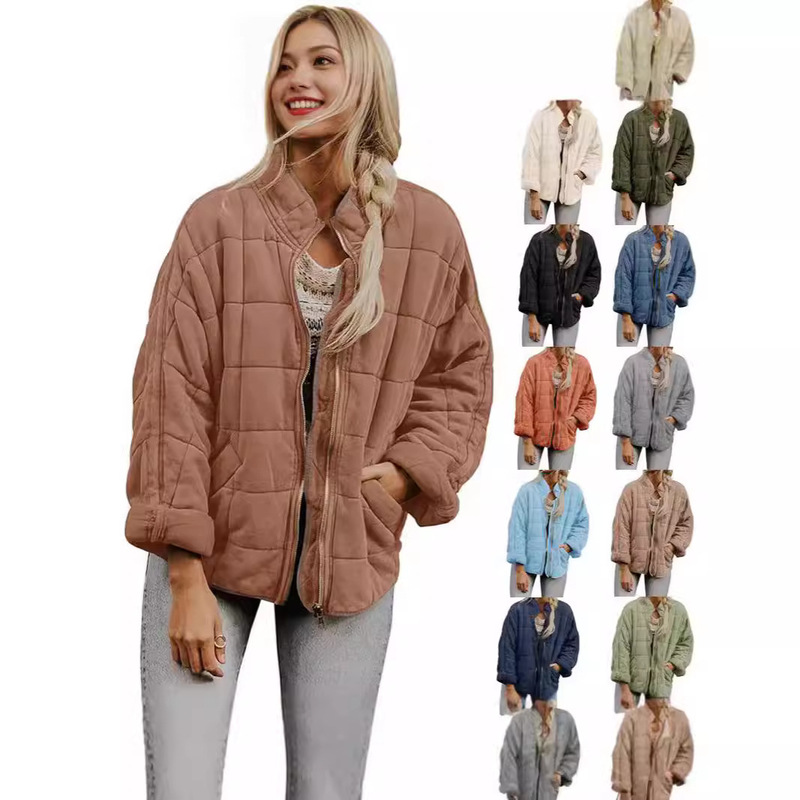 Wish Amazon solid color stand collar cotton-padded jacket coat 2023 European and American new loose pocket long sleeve jacket top women