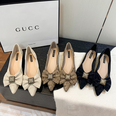 仙女风尖头平底单鞋女鞋蝴蝶结网红ins浅口单鞋气质温柔风晚晚鞋|ru