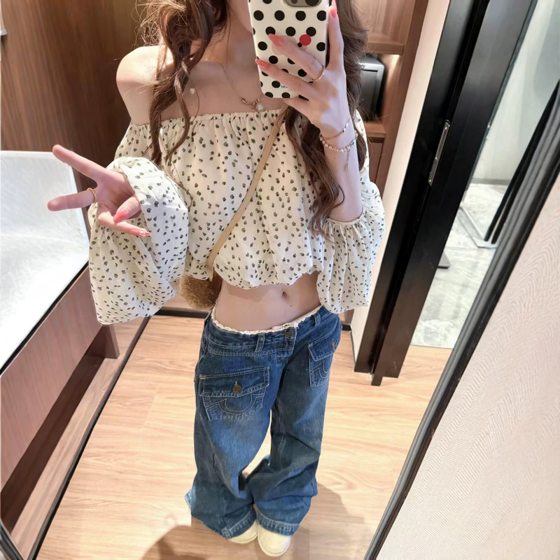 French-Style Polka Dot Off-Shoulder Long-Sleeve Shirt for Women, Summer Elegant Loose-Fitting Slimming Shirt, Versatile Short Chic Top French-Style Polka Dot Off-Shoulder Long-Sleeve Shirt for Women, Summer Elegant Loose-Fitting Slimming Shirt, Versatile Short Chic Top