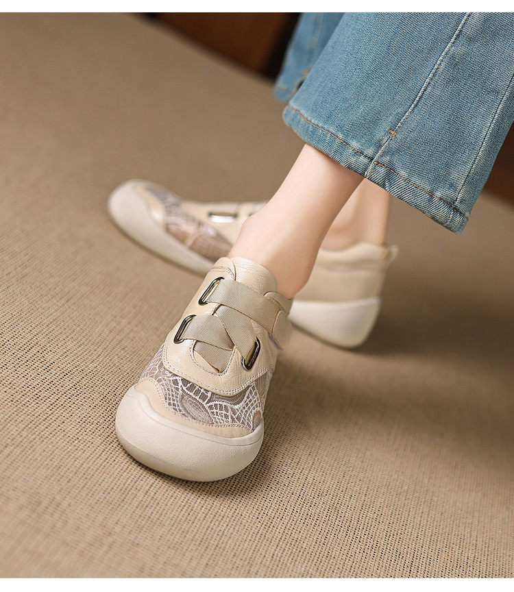 Giày sneaker nữ phối màu da thật lỗ thoáng khí đế bệt buộc dây kết hợp miếng dán — màu trắng ngà chi tiết 11