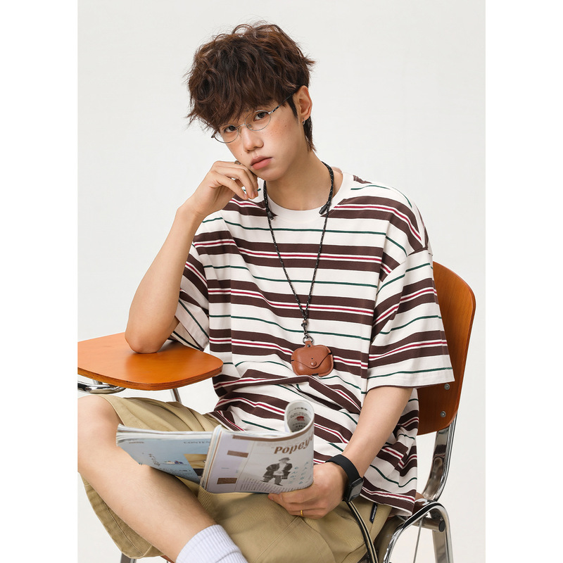 Contrast Color Striped Short-Sleeved T-Shirt for Men, Summer Style, American Retro, Loose Fit, Versatile, Casual, Trendy Brand Half-Sleeved T-Shirt Q Contrast Color Striped Short-Sleeved T-Shirt for Men, Summer Style, American Retro, Loose Fit, Versatile, Casual, Trendy Brand Half-Sleeved T-Shirt Q