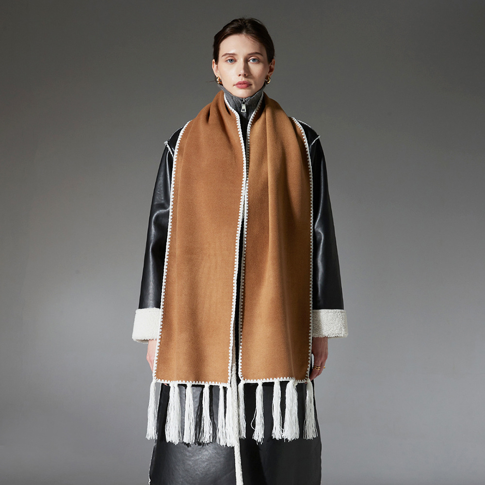 New Double-faced Woolen Goods Tassel Solid Color Scarf Lengthened