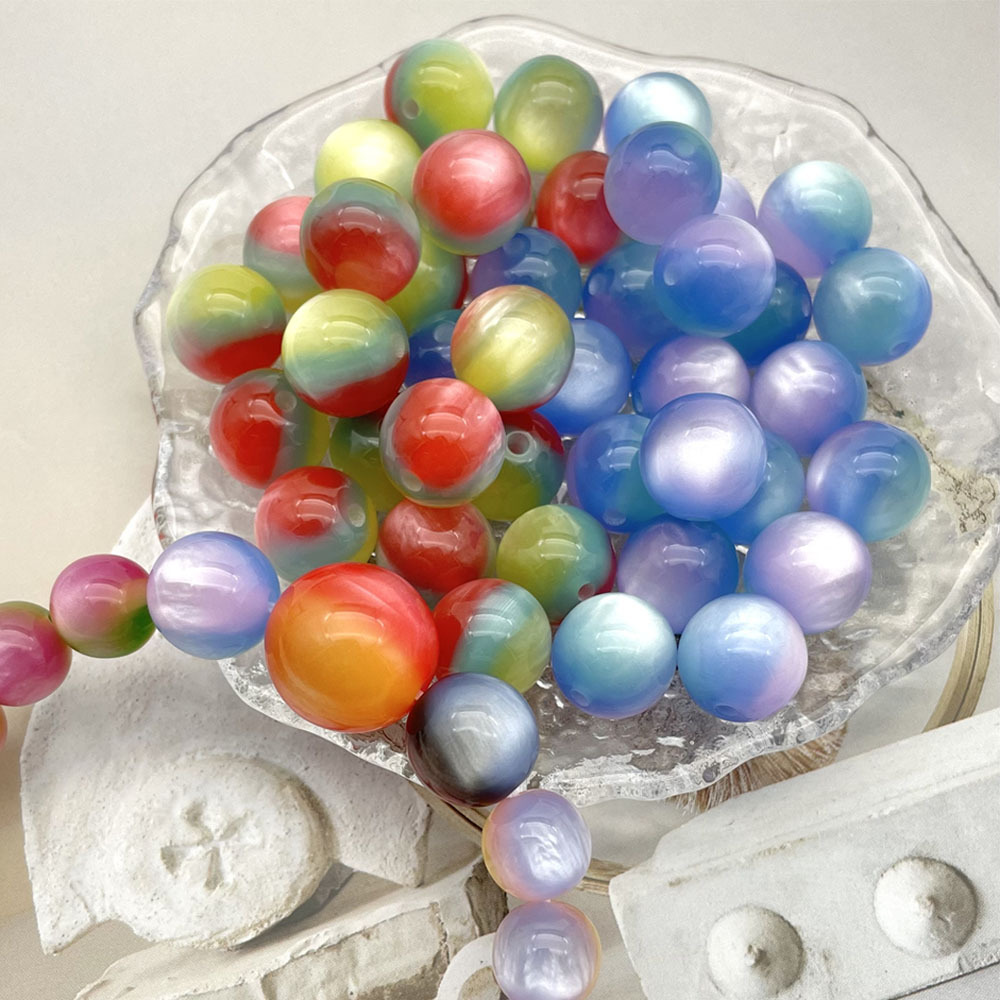 三色珠新款树脂仿猫眼直孔圆珠彩色珠光珠子厂家供应通孔散珠配件