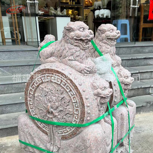 Customized stone drum stone carving Quanzhou red gate pier little lion hugging drum door when flowers bloom rich stone pier ornaments
