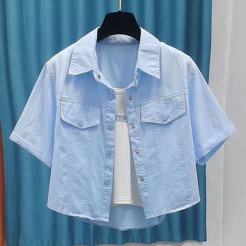 Korean-style stylish workwear fashion loose-match short-sleeve shirt jacket for women summer petite anti-aging top