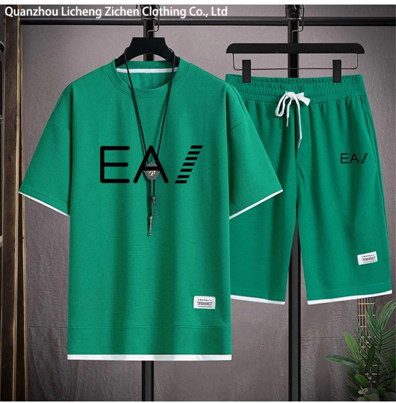 ワッフル半袖夏の Tシャツメンズカジュアルスポーツスーツ卸売ルーズフェイクツーピース半袖 Tシャツツーピースセット|undefined