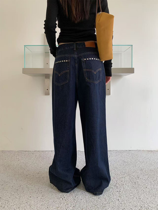 誉一新款2025秋季美式个性铆钉口袋牛仔裤女宽松做旧阔腿裤c7897|undefined