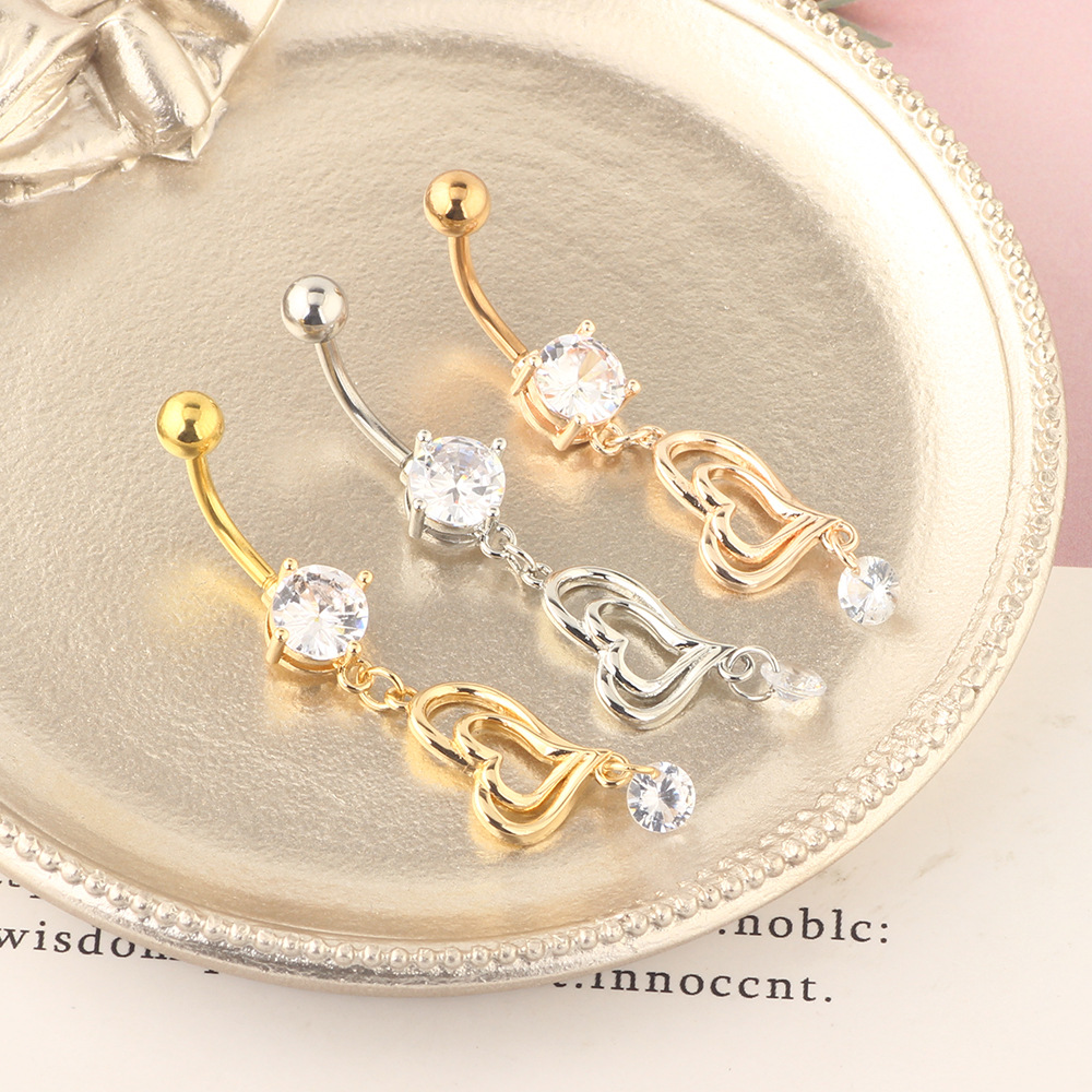Long Double-Heart Stainless Steel Belly Button Ring with Heart-Shaped Zircon, European American Fashion Body Piercing detail image 7