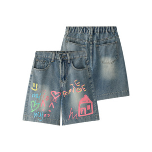 Dopamine Style Graffiti Denim Shorts for Women, Summer Wide-Leg Mid-Length Loose Straight Street Casual Shorts