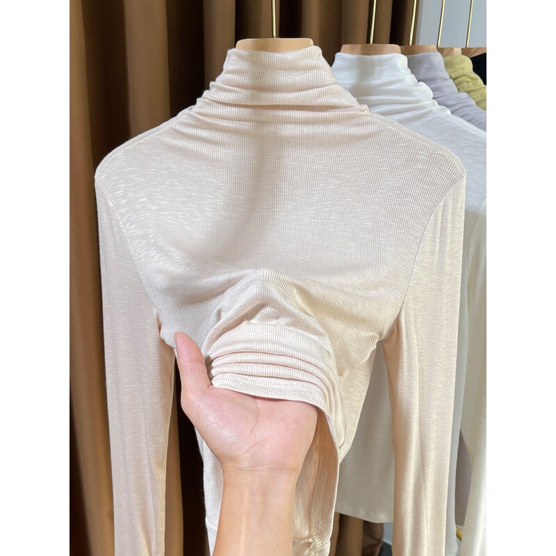 White Turtleneck Threaded Knitted Bottoming Shirt for Women, Autumn and Winter Long-Sleeved Thin Tight-Fitting Style with Pile Collar Inner Shirt