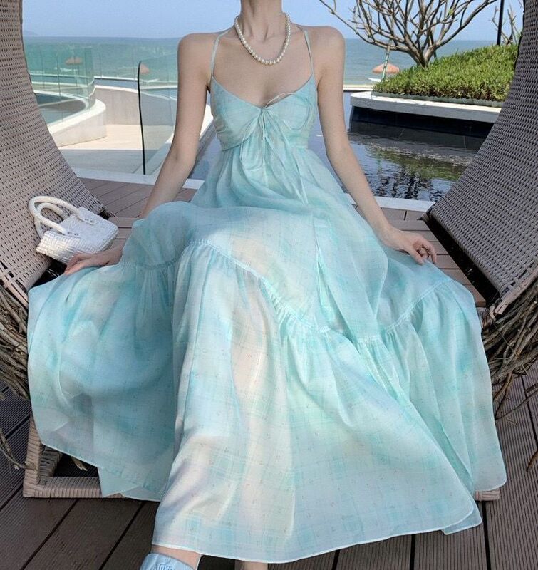 Holiday Style beach dress backless light purple chiffon large swing long dress for photo
