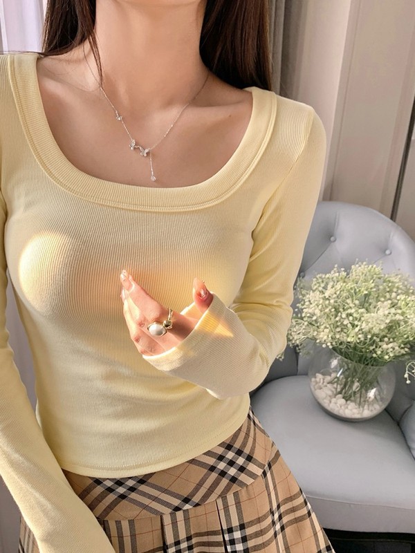 蓝色方领打底衫女装内搭2025新款春夏季正肩显瘦修身长袖恤上衣|undefined