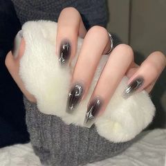 Dark and edgy girl Instagram style, YY2K gradient silver moon and star manicure nail art, false nails, medium-long ballet nails