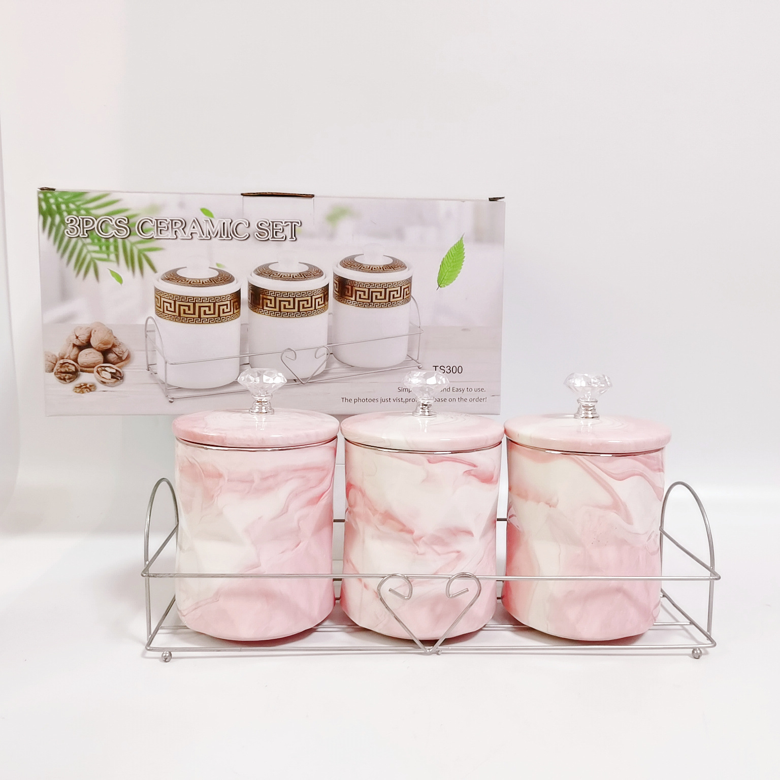 Medio Oriente exportación simple marmolado cerámica sellado Jar rombo 3-Cabeza de almacenamiento Jar té café Jar