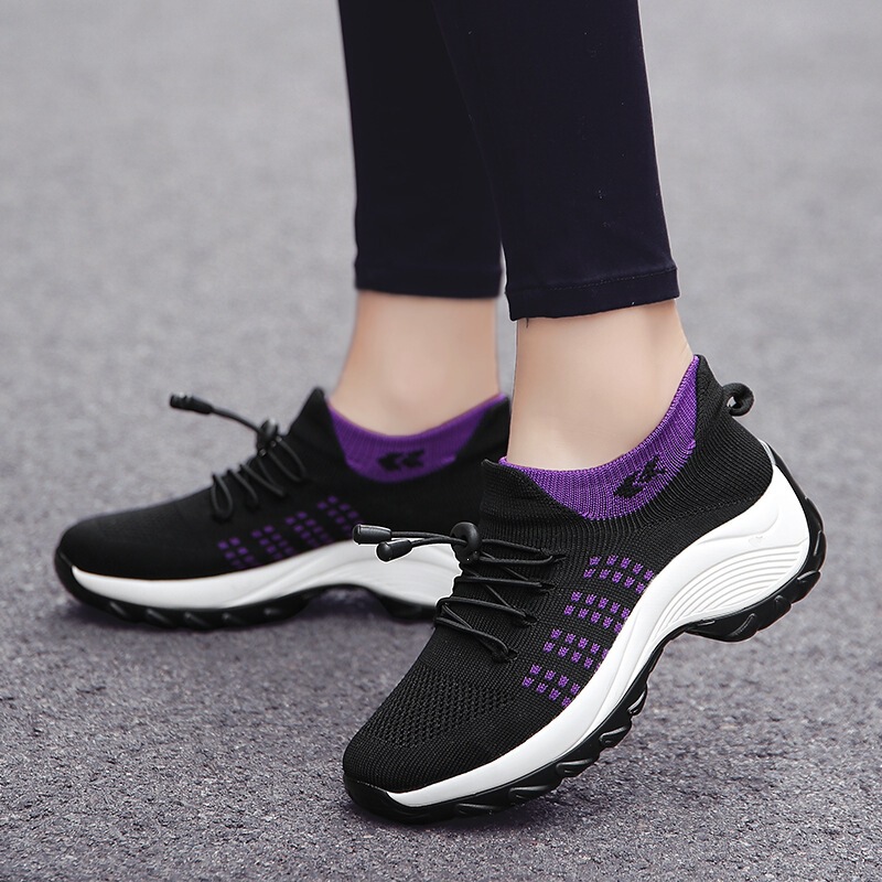 Spring New Cross-Border Large-Size Sports Shoes, Sock Shoes, Mom Shoes, Fly-Knit Breathable Mesh Women's Shoes, Thick-Soled Rocking Shoes