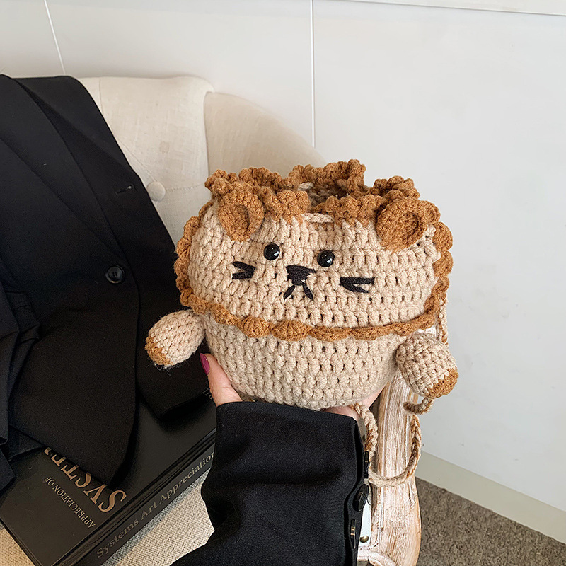 Bolsos para niños ganchos hechos a mano, bolsos de hombro para niños y niñas, bolsos de hombro lindos de lana, león pequeño, bolsos mochilas de cuerda de dibujo